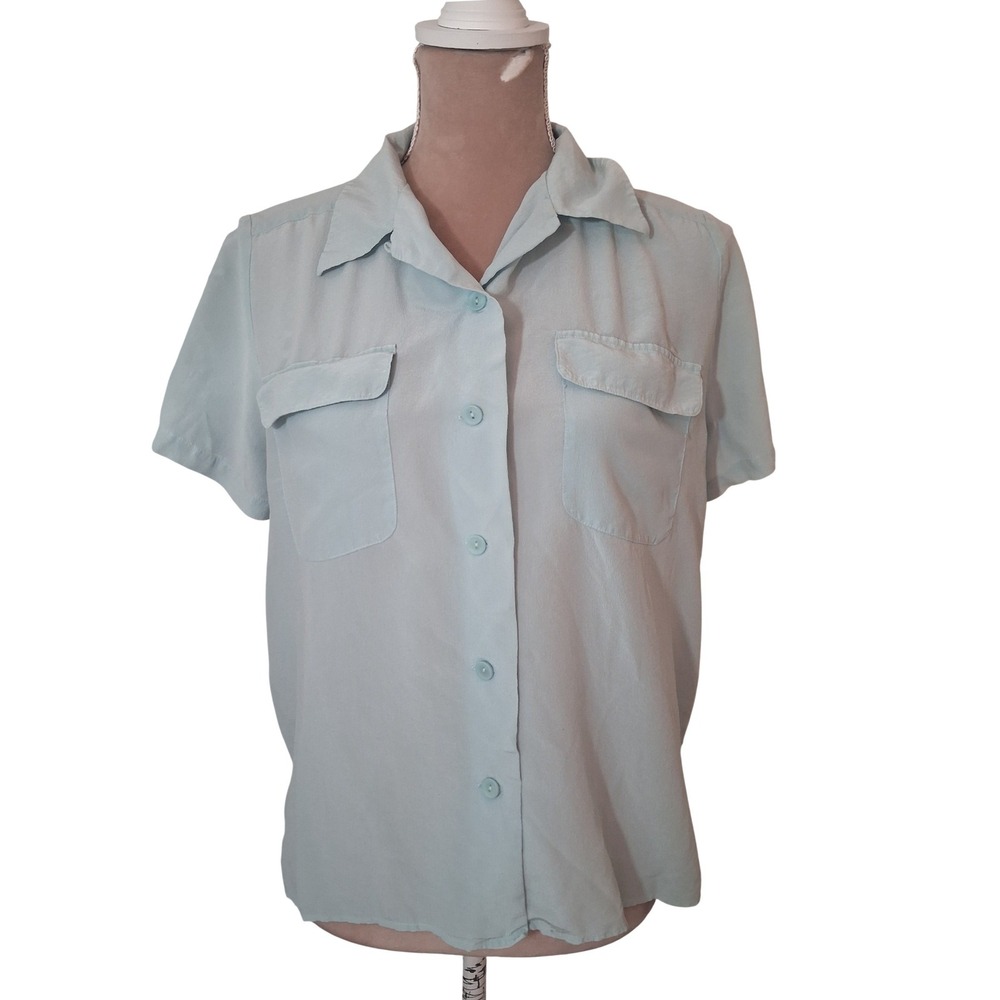 Jaclyn Smith Classic Light Green 100% Silk Short Sleeve Button Down Shirt Large